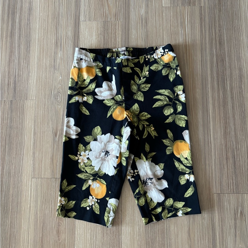 90s Isaac Mizrahi Capri Pants Floral Black Yellow Fruit Elastic Pull On 8P Boho